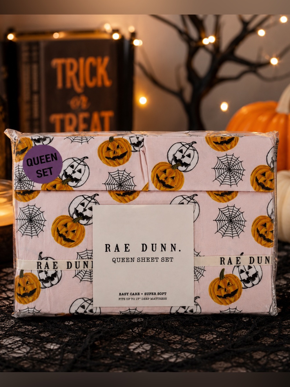 Rae Dunn Pink Halloween Pumpkin & Spiderwebs Queen Sheet Set